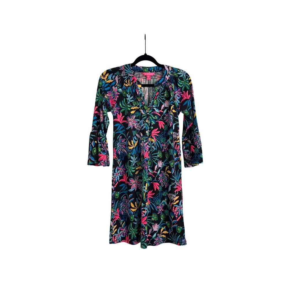 Lilly Pulitzer Norris 3/4 Sleeve Dress Black Floral Onyx Paradise Glow Size XXS - Picture 1 of 5